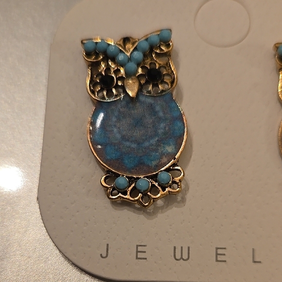 Charming Blue and Gold Owl Earrings - Picture 3 of 7